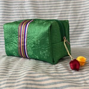 Quilted Green Cosmetic Bag, Travel Toiletry Organizer, Tassel Makeup Pouch